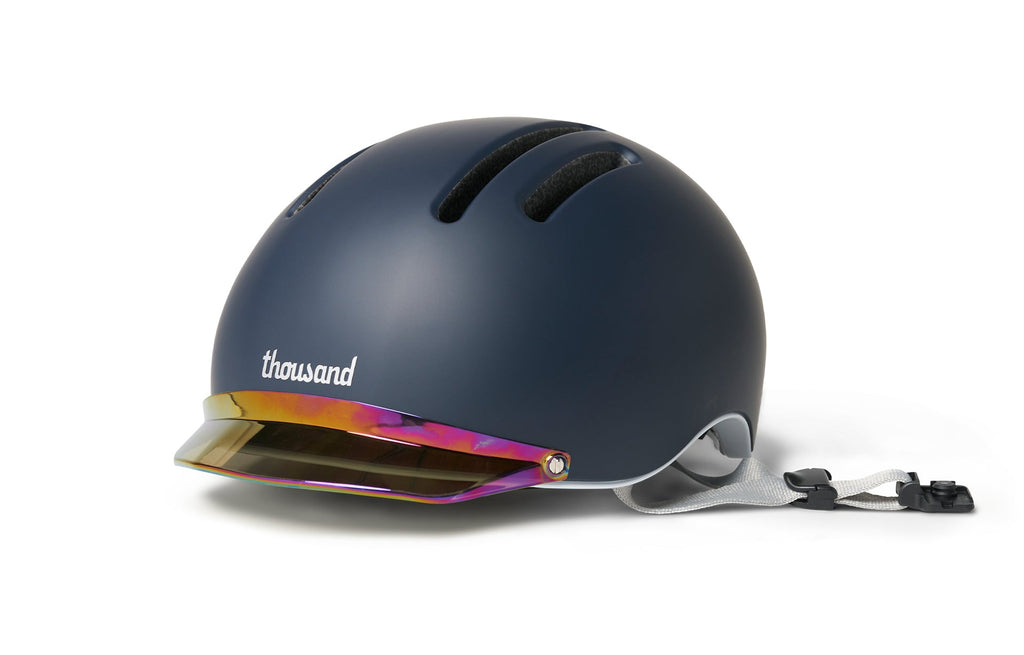 Chapter Helmet Visor, iridescent visor on a navy helmet