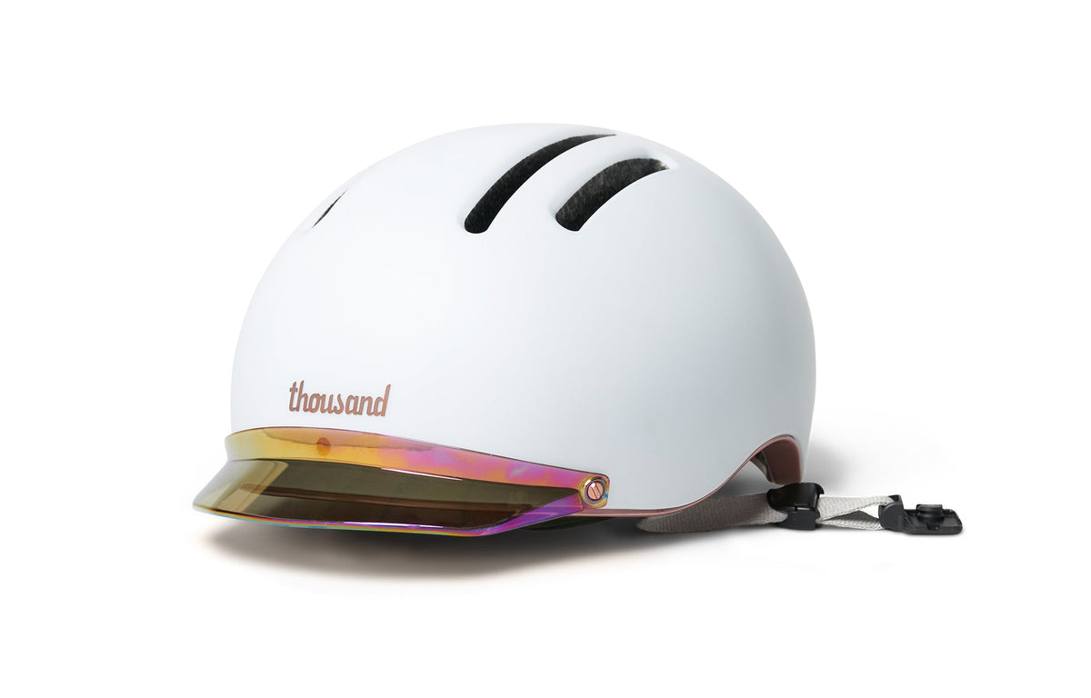Chapter Helmet Visor, iridescent visor on a white helmet