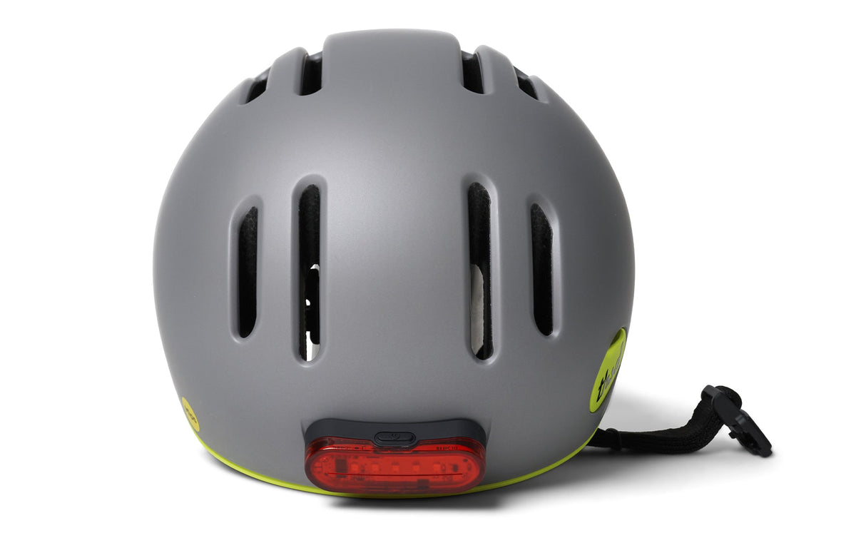 Chapter MIPS Helmet, gray with neon yellow trim, rear view with light on