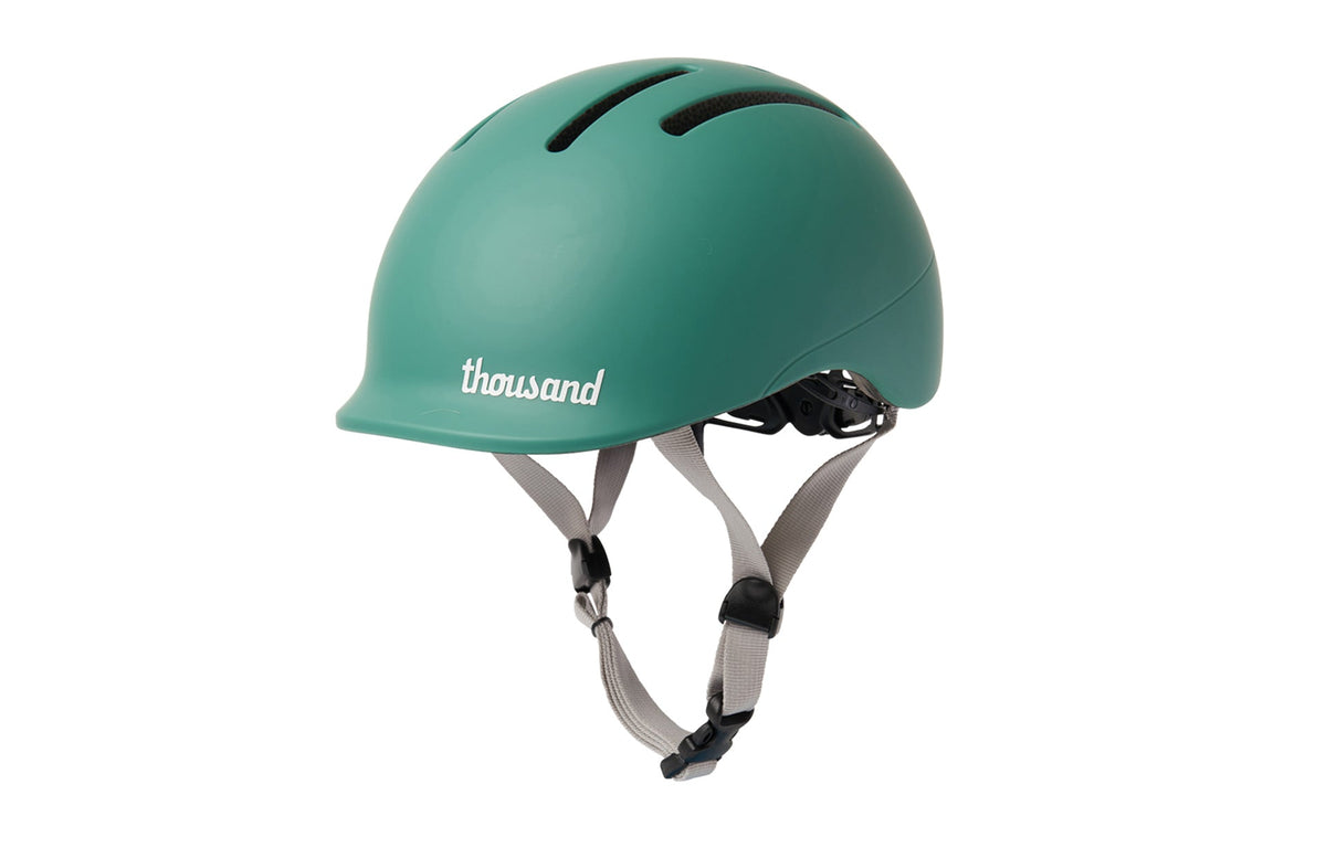 Thousand Jr. Toddler Helmet, green, side view with straps