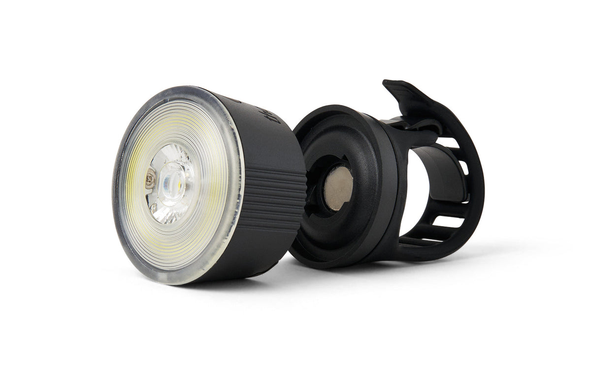 Traveler 2.0 Magnetic Bike Lights, black front light with its strap mount